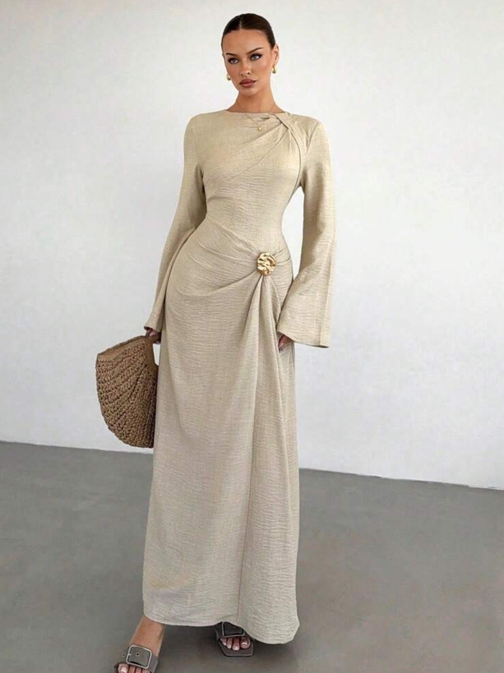 Ovelo Women’s Beige Twist Front Maxi Dress | Long Sleeve Elegant Modest Gown